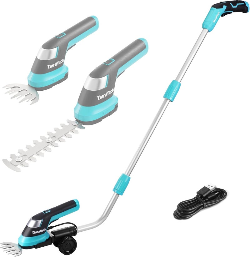 DURATECH Cordless Hedge Trimmer, 7.2V 3-in-1 Handheld Electric Grass Trimmer & Hedge Shears with 50" Wheeled Extension Pole, USB Type-C Cable and Built-in Li-ion Battery, for Garden, Yard and Lawn - Image 1